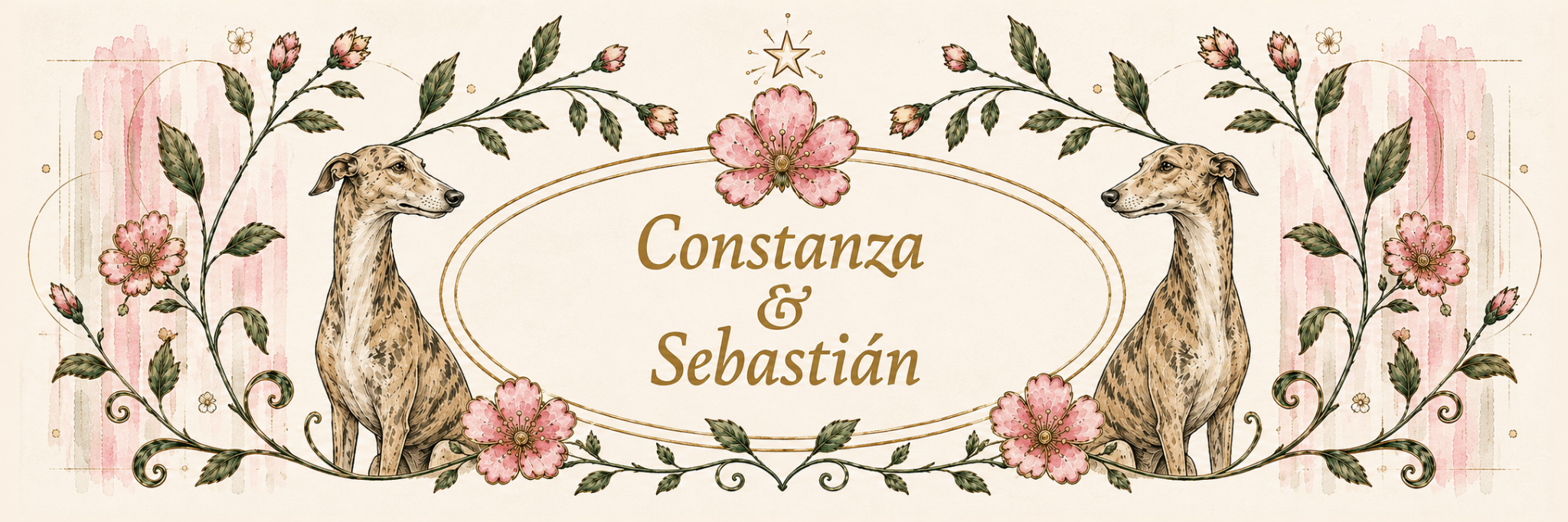 Constanza y Sebastián, cabecera floral con galgos